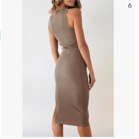 PRETTYGARDEN Women Summer Midi Bodycon Dresses Casual Crew Neck Side Slit Camel - Picture 4 of 10